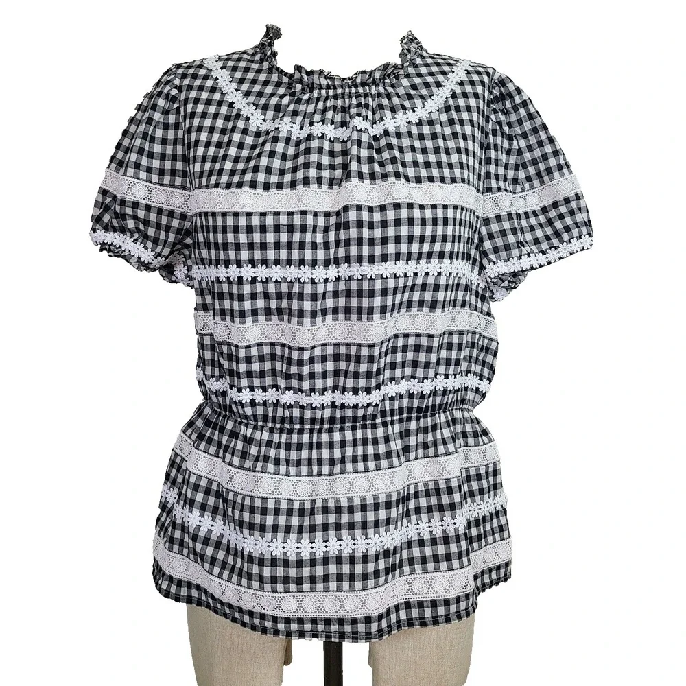 J. Crew Top M Black White Gingham Lace Trim‎ Puff Sleeve Peplum Pullover blouse